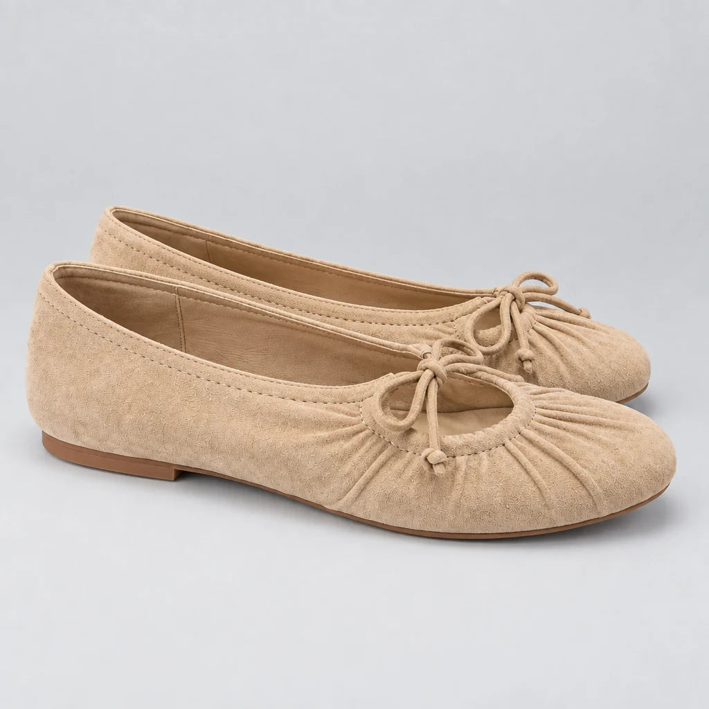Jax & Bard Joliet women's ballet flat with bow in taupe suede, pair, angled view