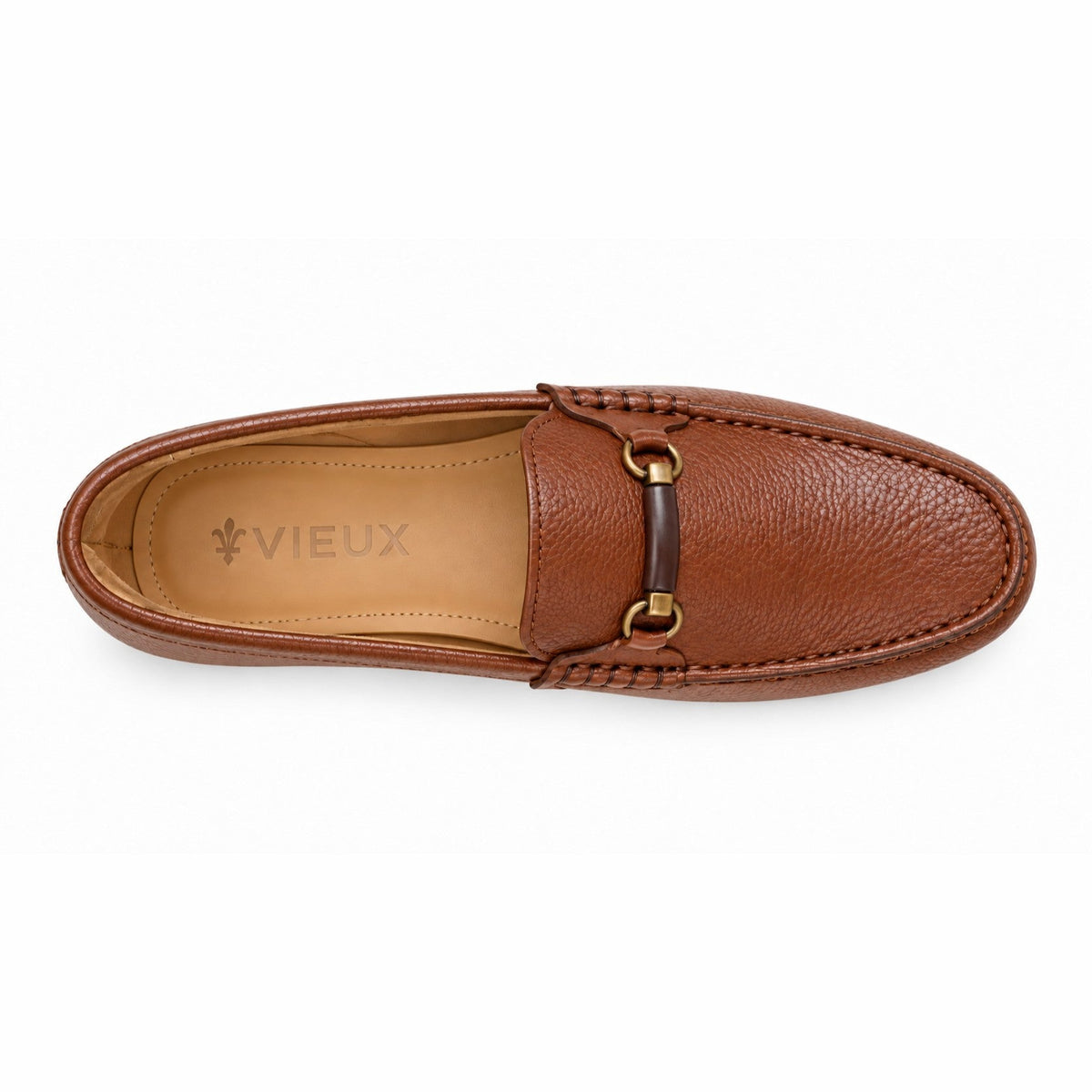 Vieux Bienville cognac tumbled loafer from above, showing the Vieux logo on the leather-covered footbed and brass bit