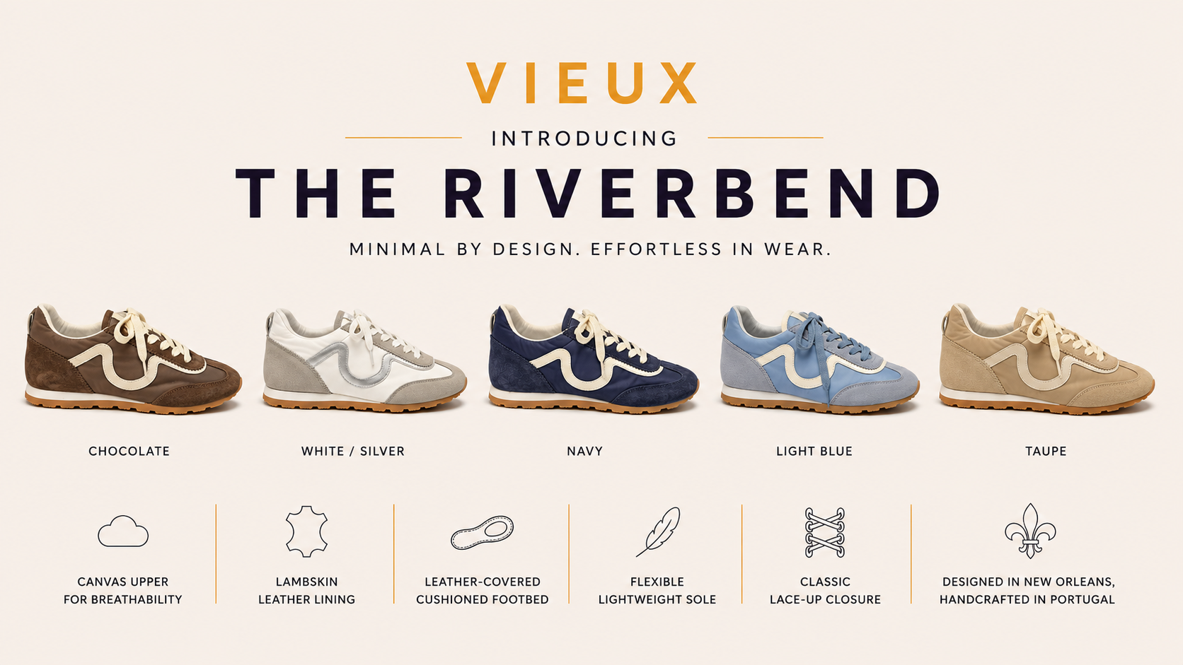 Promotional image of Vieux Riverbend sneakers with color options and features.