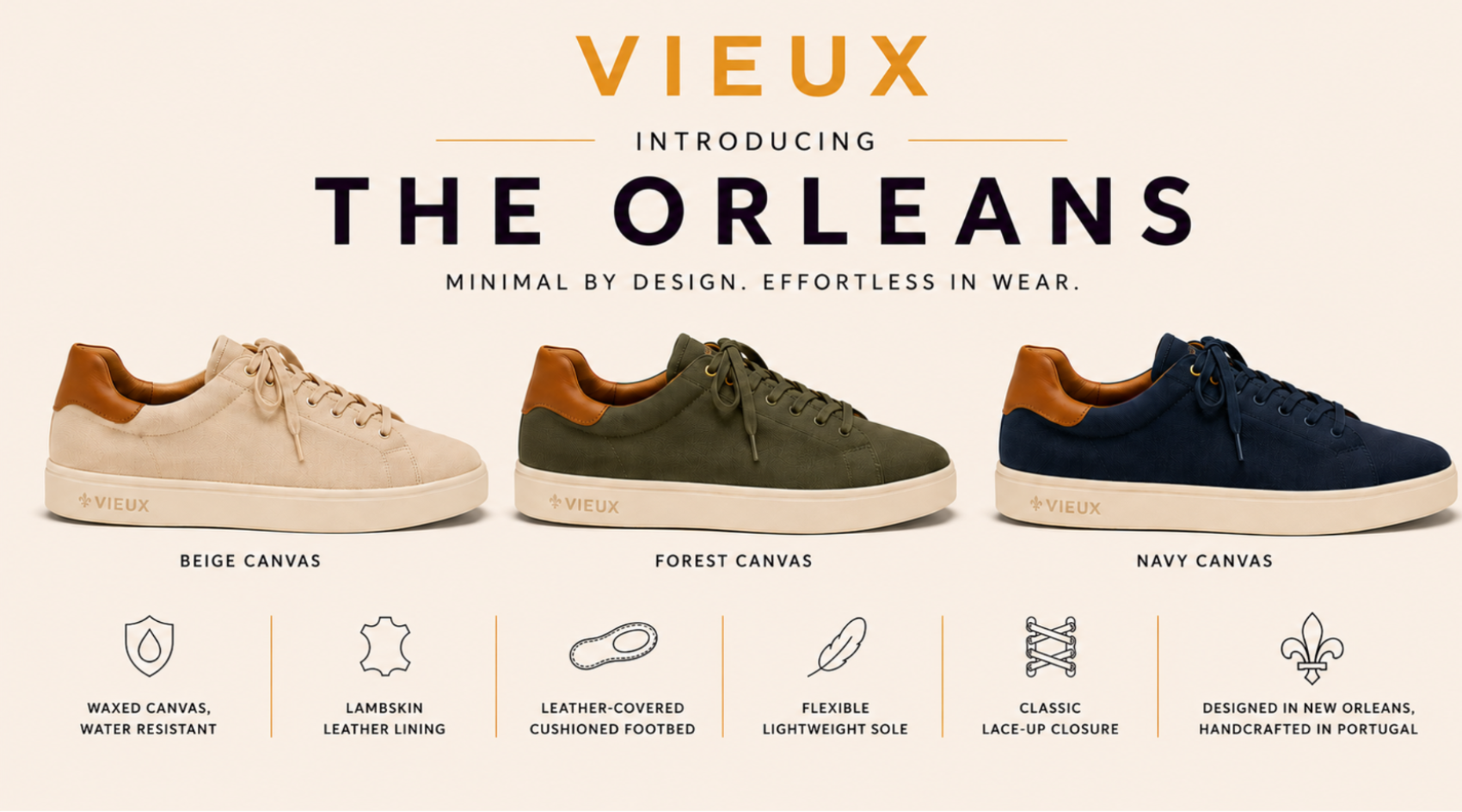 Three pairs of shoes in beige, green, and navy with 'Vieux' branding and product details.