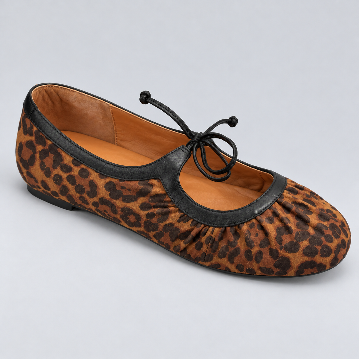 Jax & Bard Joliet women's ballet flat with bow in leopard haircalf, three-quarter view