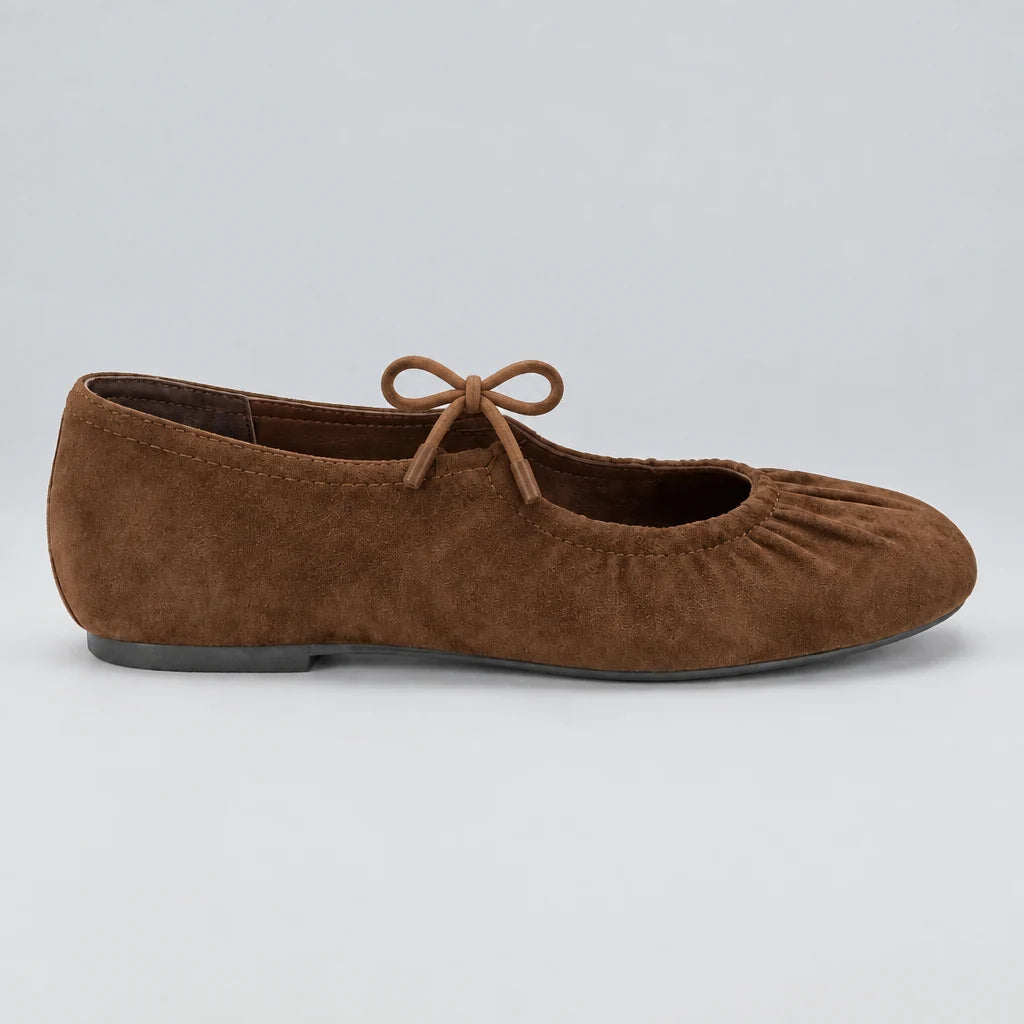 Jax & Bard Joliet women's ballet flat with bow in chocolate suede, three-quarter view