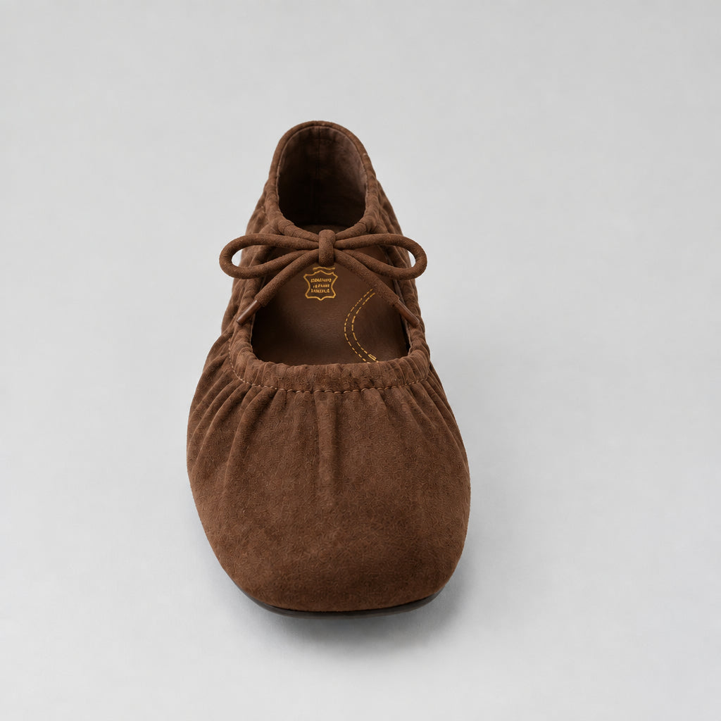 Jax & Bard Joliet women's ballet flat with bow in chocolate suede, front view