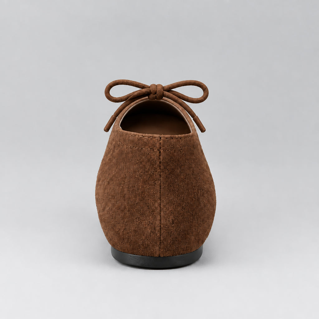 Jax & Bard Joliet women's ballet flat with bow in chocolate suede, back view showing the heel