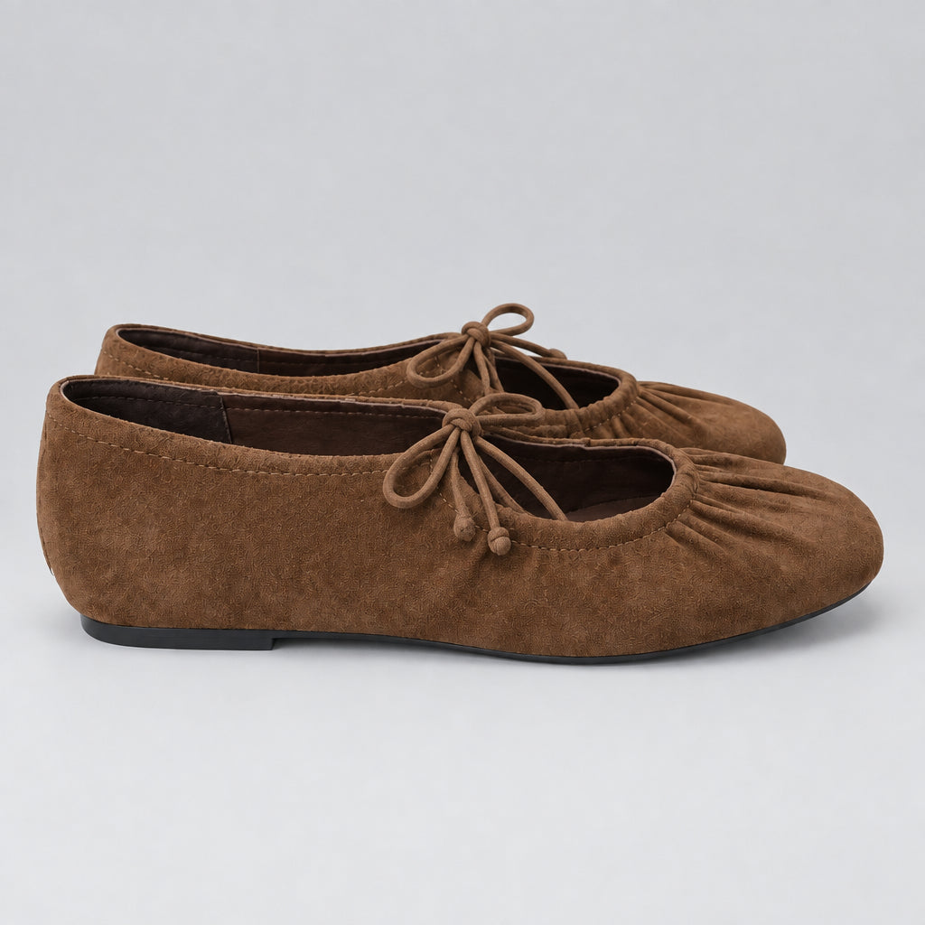 Jax & Bard Joliet women's ballet flat with bow in chocolate suede, pair, angled view