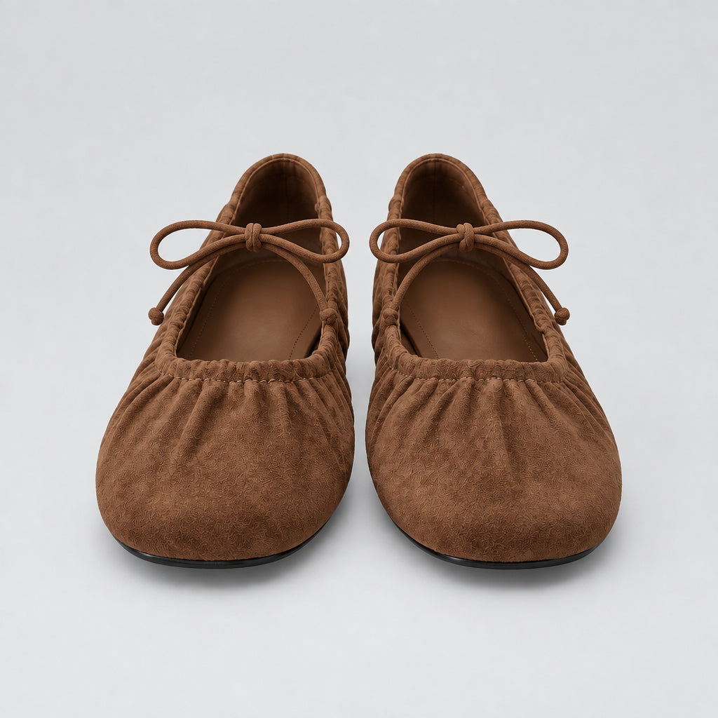 Jax & Bard Joliet women's ballet flat with bow in chocolate suede, pair, front view