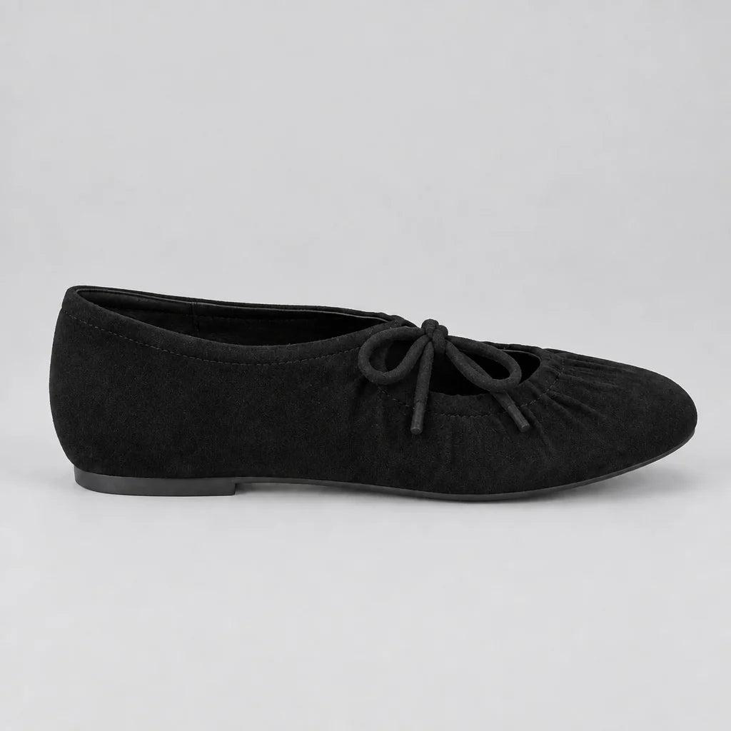 Jax & Bard Joliet women's ballet flat with bow in black suede, three-quarter view
