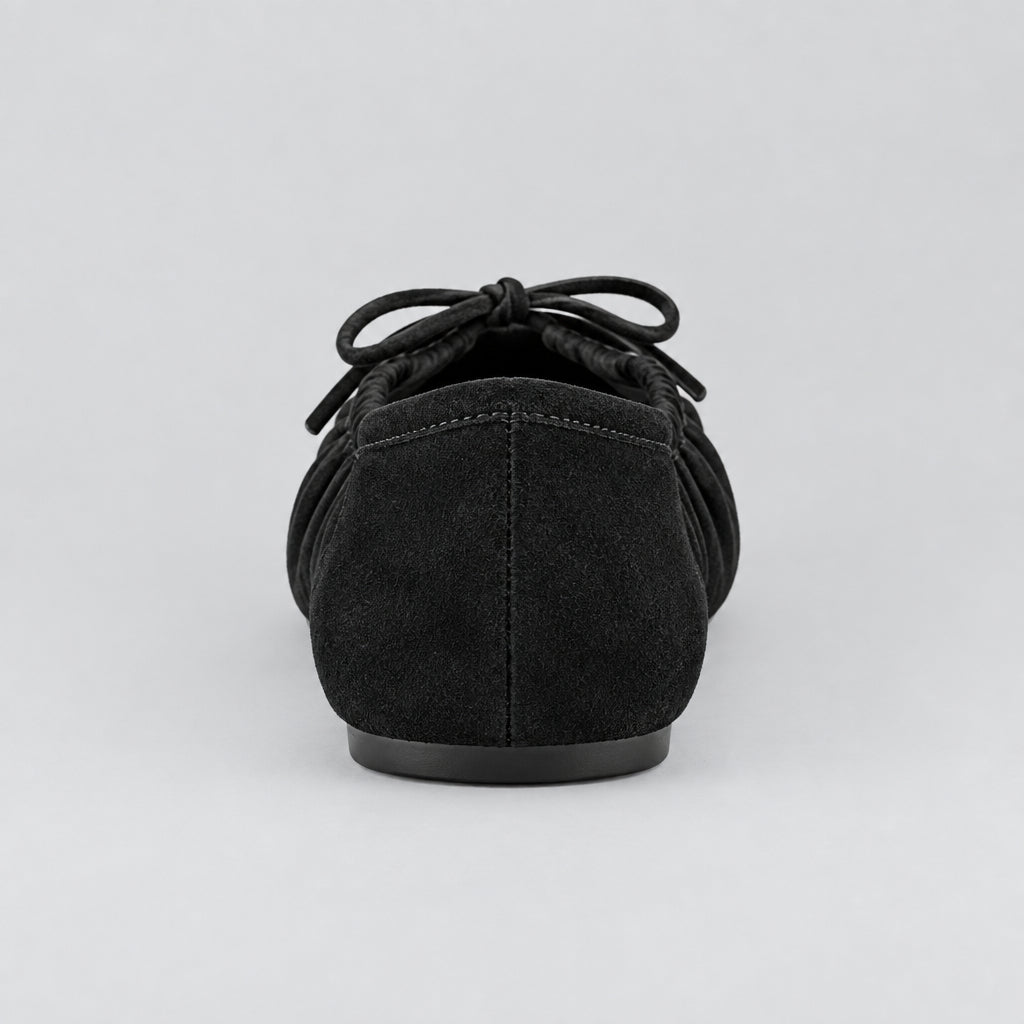 Jax & Bard Joliet women's ballet flat with bow in black suede, back view showing the heel