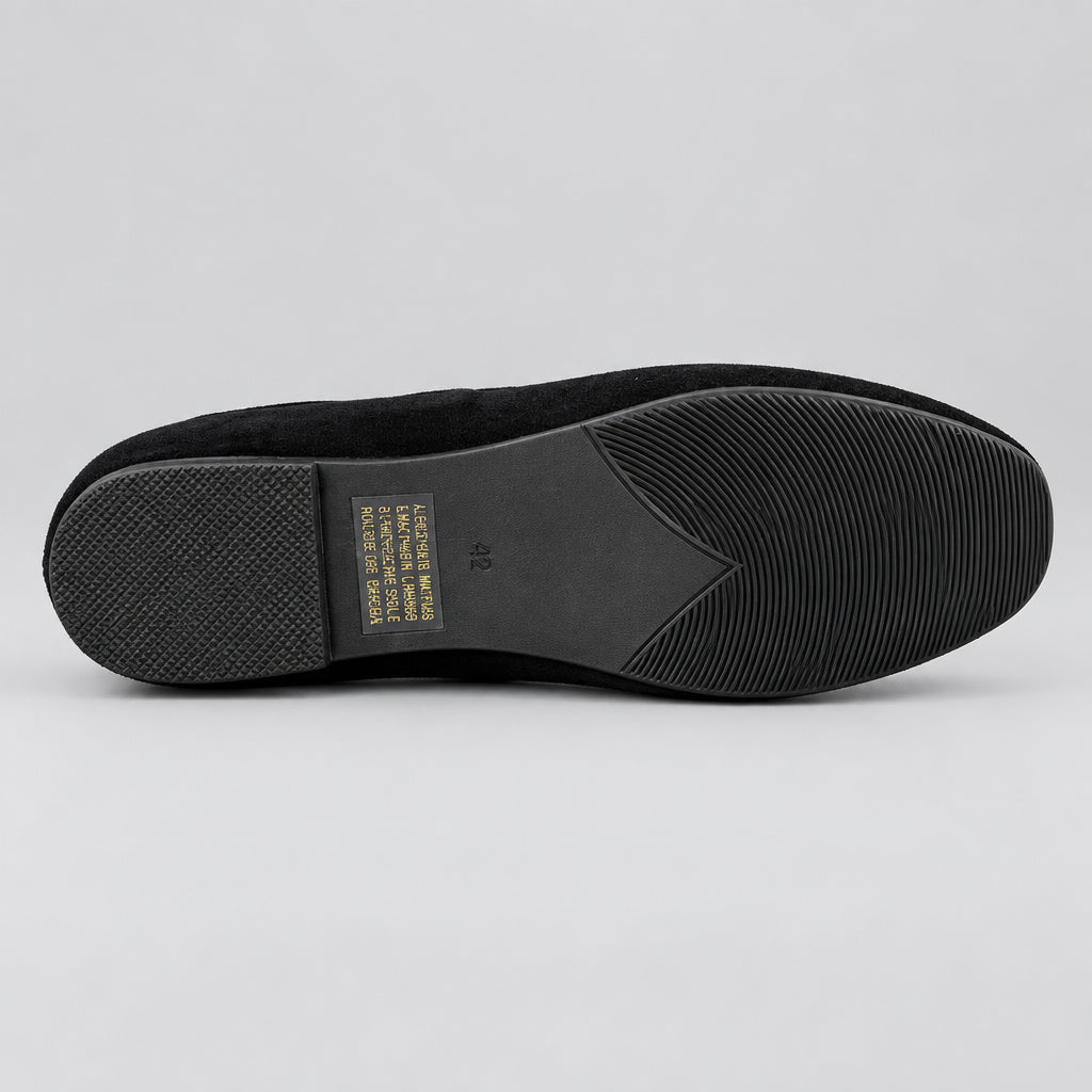 Jax & Bard Joliet women's ballet flat with bow in black suede, bottom view of the sole