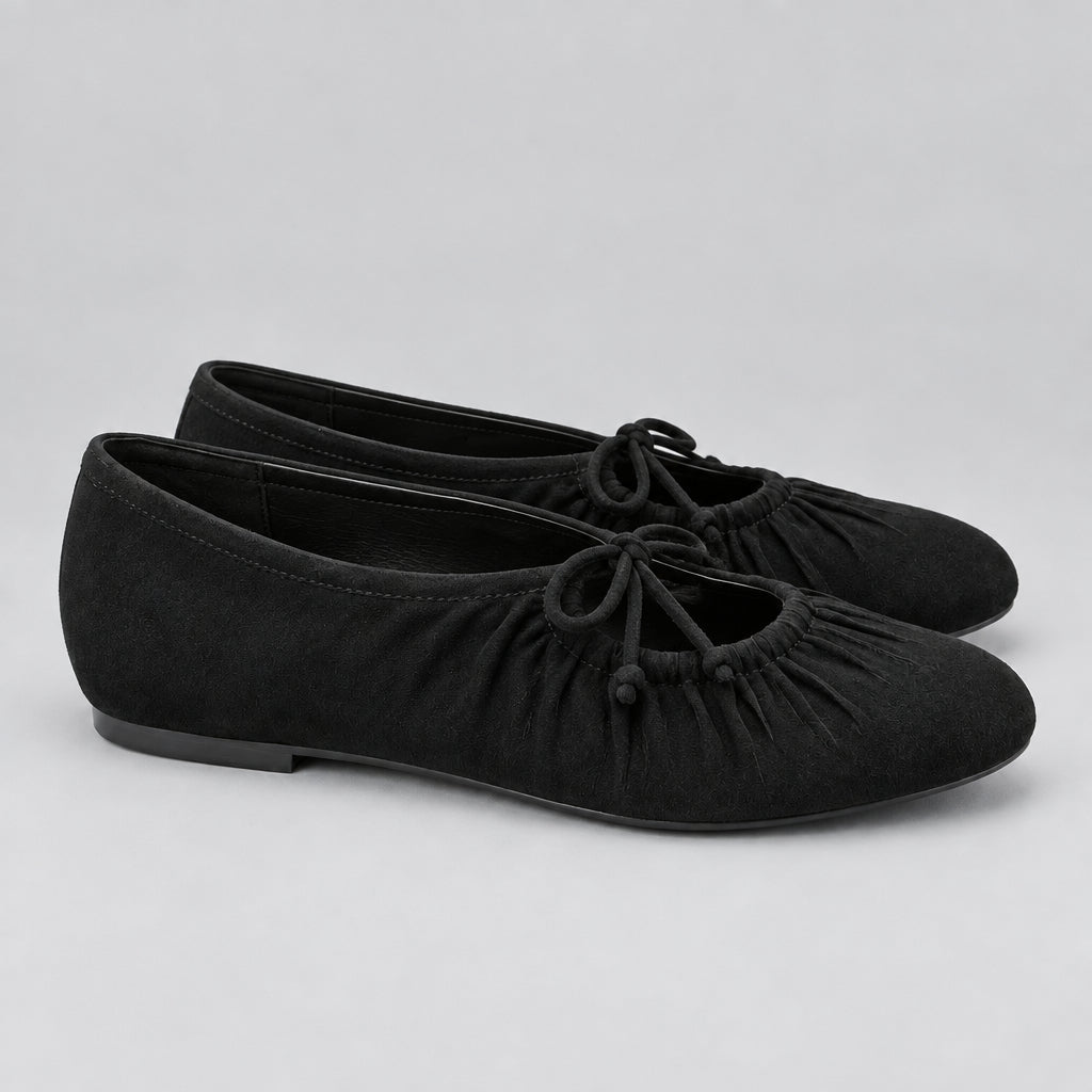 Jax & Bard Joliet women's ballet flat with bow in black suede, pair, angled view