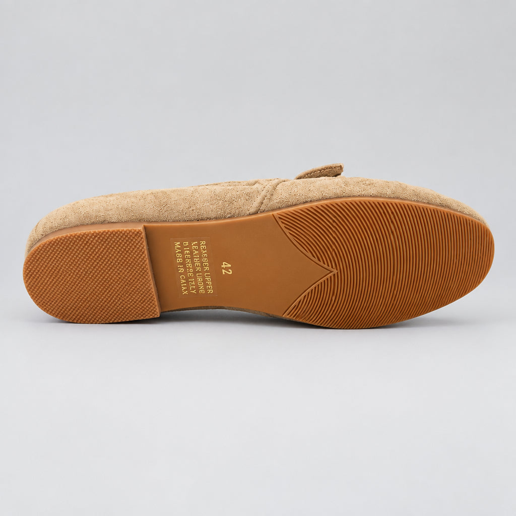 Jax & Bard Joliet women's ballet flat with bow in taupe suede, bottom view of the sole