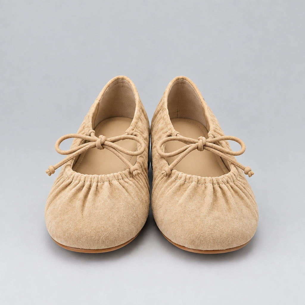 Jax & Bard Joliet women's ballet flat with bow in taupe suede, pair, front view