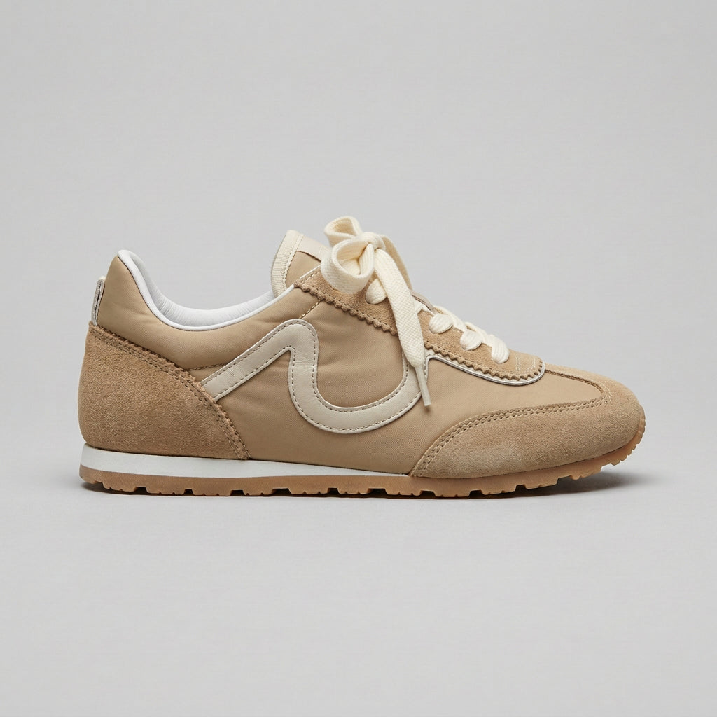 Vieux Riverbend women's retro runner in tan and ivory leather and suede