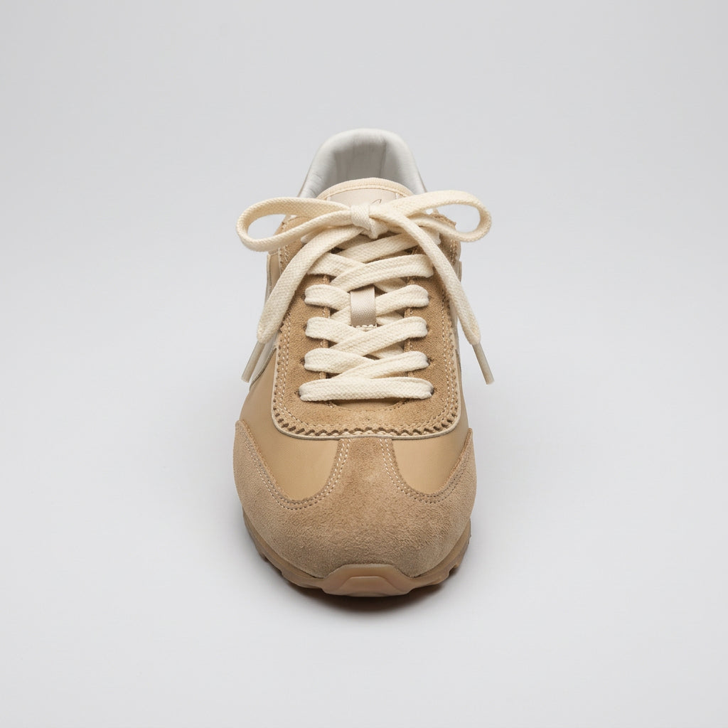 Vieux Riverbend women's retro runner in tan and ivory leather and suede