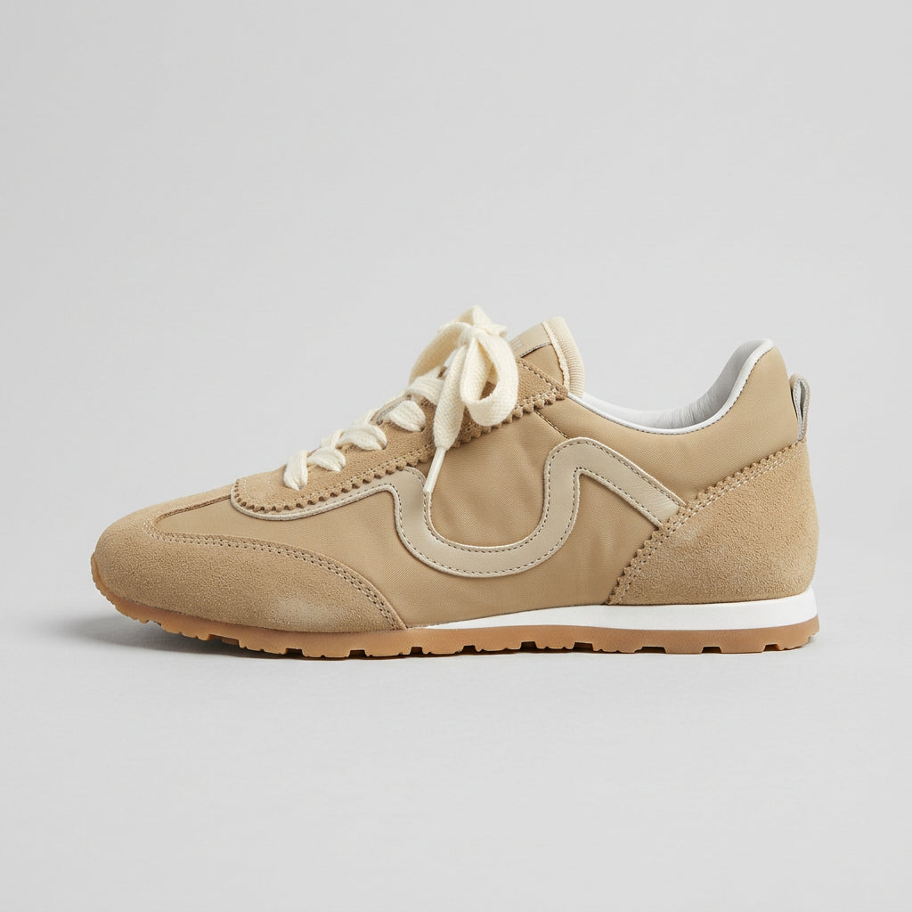 Vieux Riverbend women's retro runner in tan and ivory leather and suede