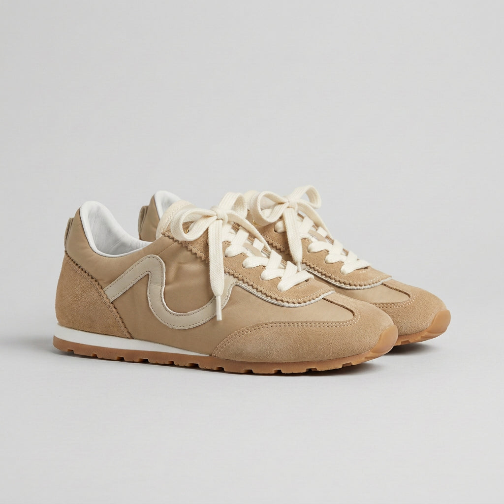 Vieux Riverbend women's retro runner in tan and ivory leather and suede