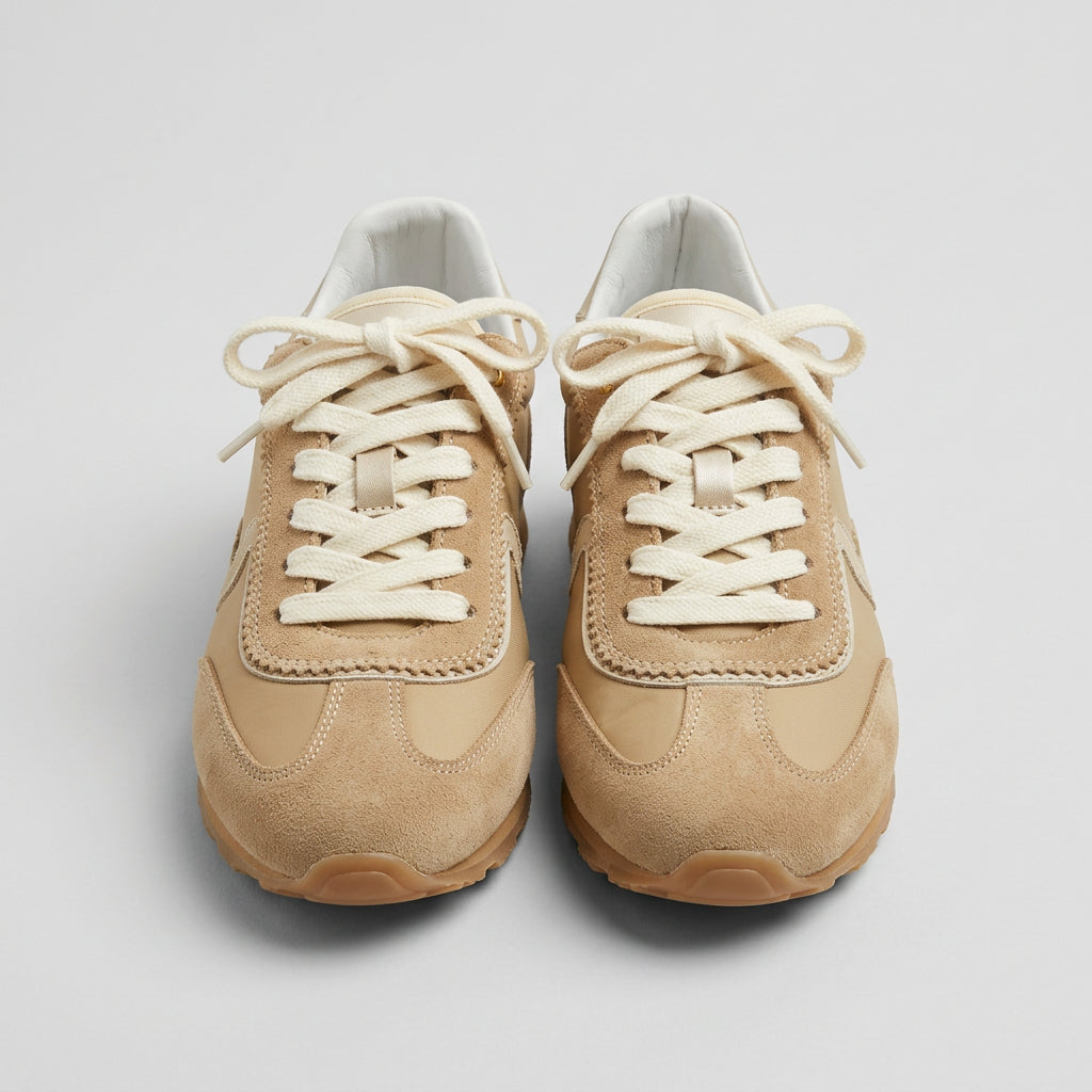 Vieux Riverbend women's retro runner in tan and ivory leather and suede