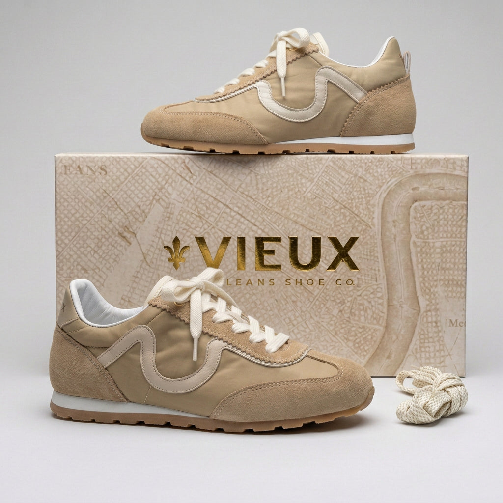 Vieux Riverbend women's retro runner in tan and ivory leather and suede