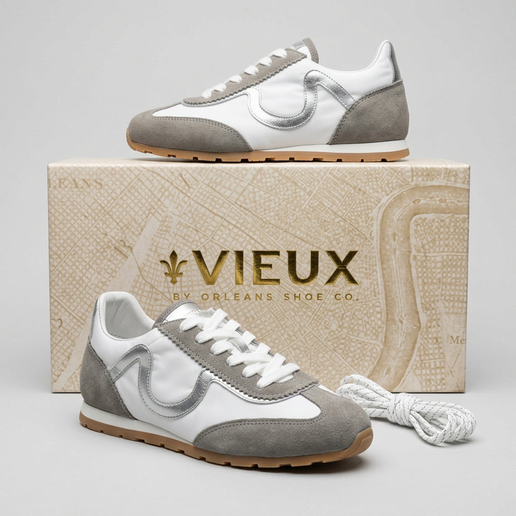 Vieux Riverbend women's retro runner in grey and white leather and suede