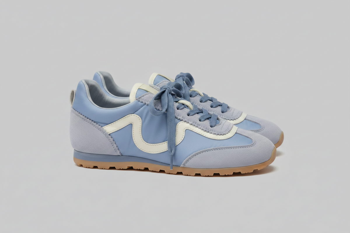 Vieux Riverbend women's retro runner in light blue and silver, pair, angled view