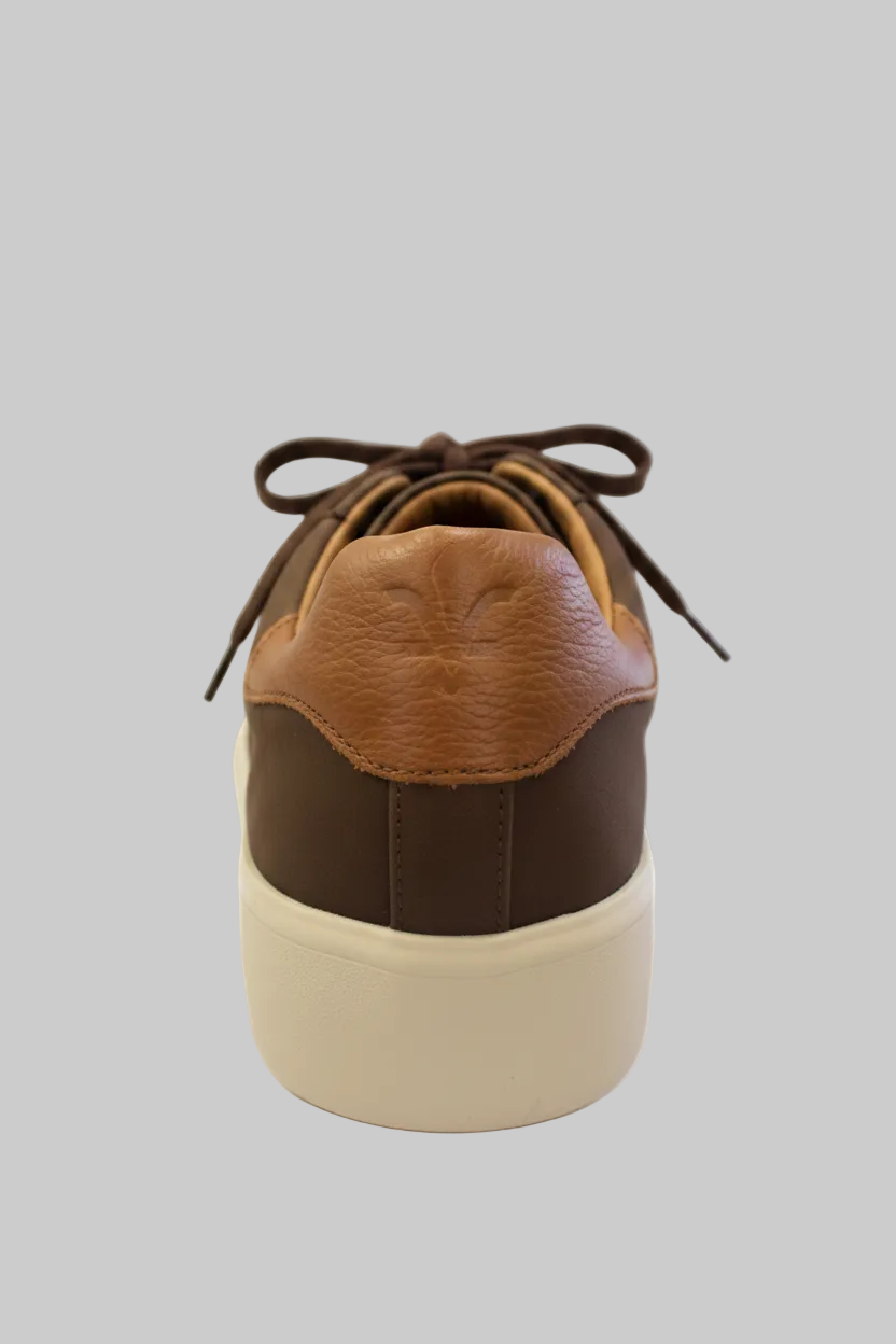 Vieux Orleans men's lace-up sneaker in brown suede, back view showing the heel