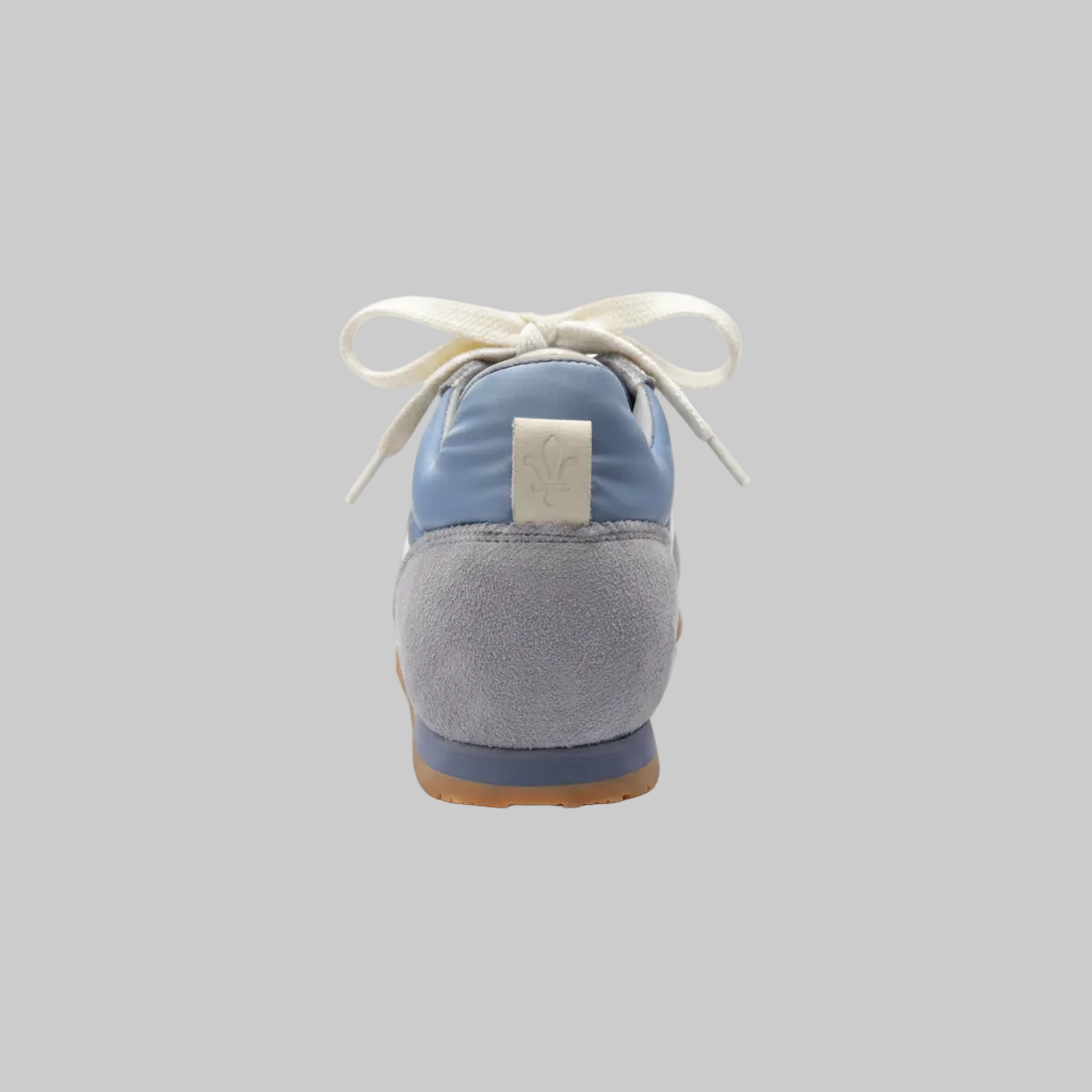 Vieux Riverbend women's retro runner in light blue and silver, back view showing the heel