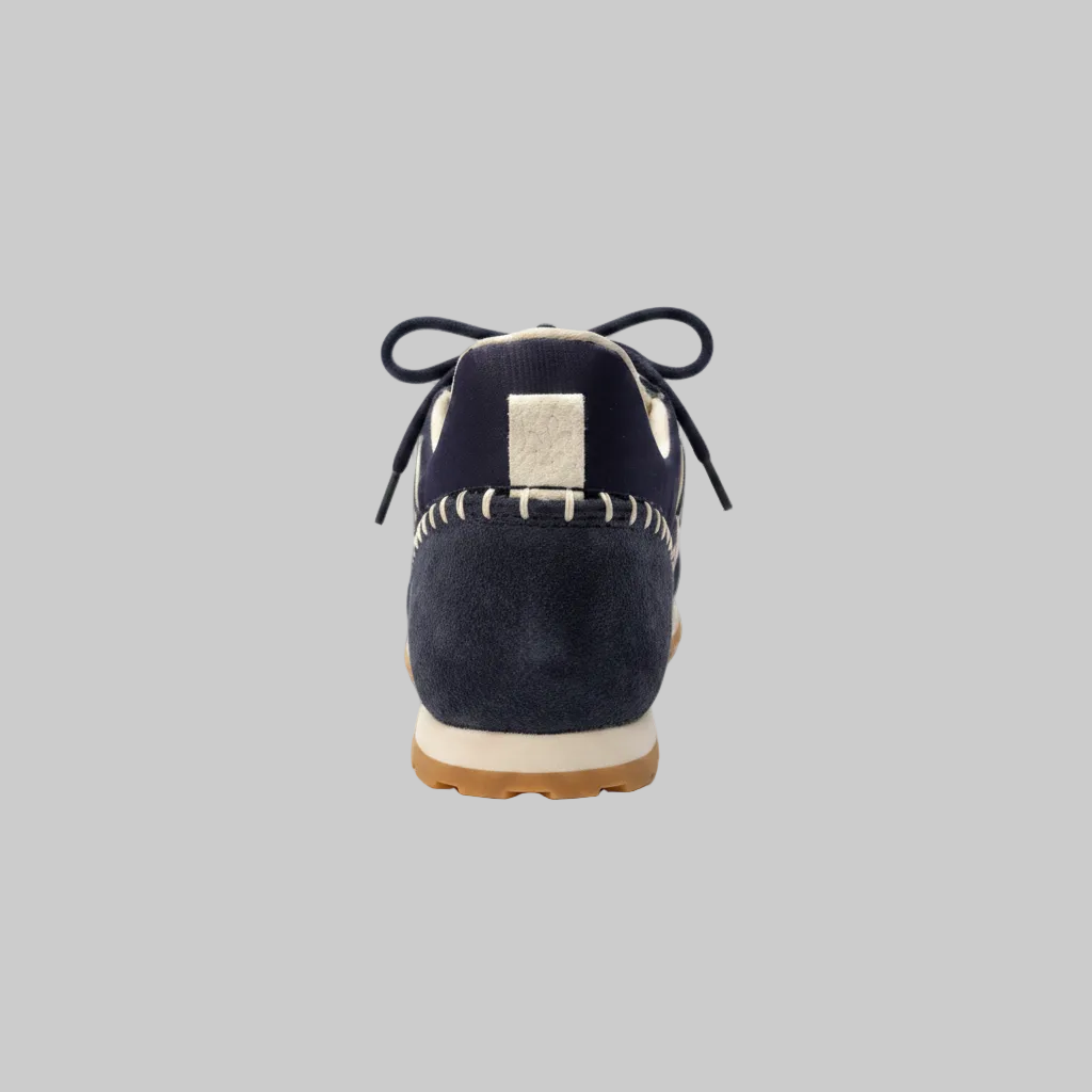 Vieux Riverbend women's retro runner in navy and white leather and suede, back view showing the heel