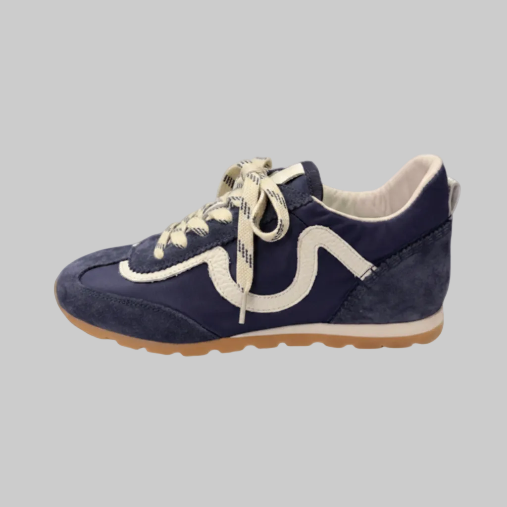 Vieux Riverbend women's retro runner in navy and white leather and suede, side view