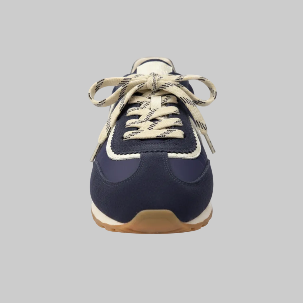 Vieux Riverbend women's retro runner in navy and white leather and suede, top view
