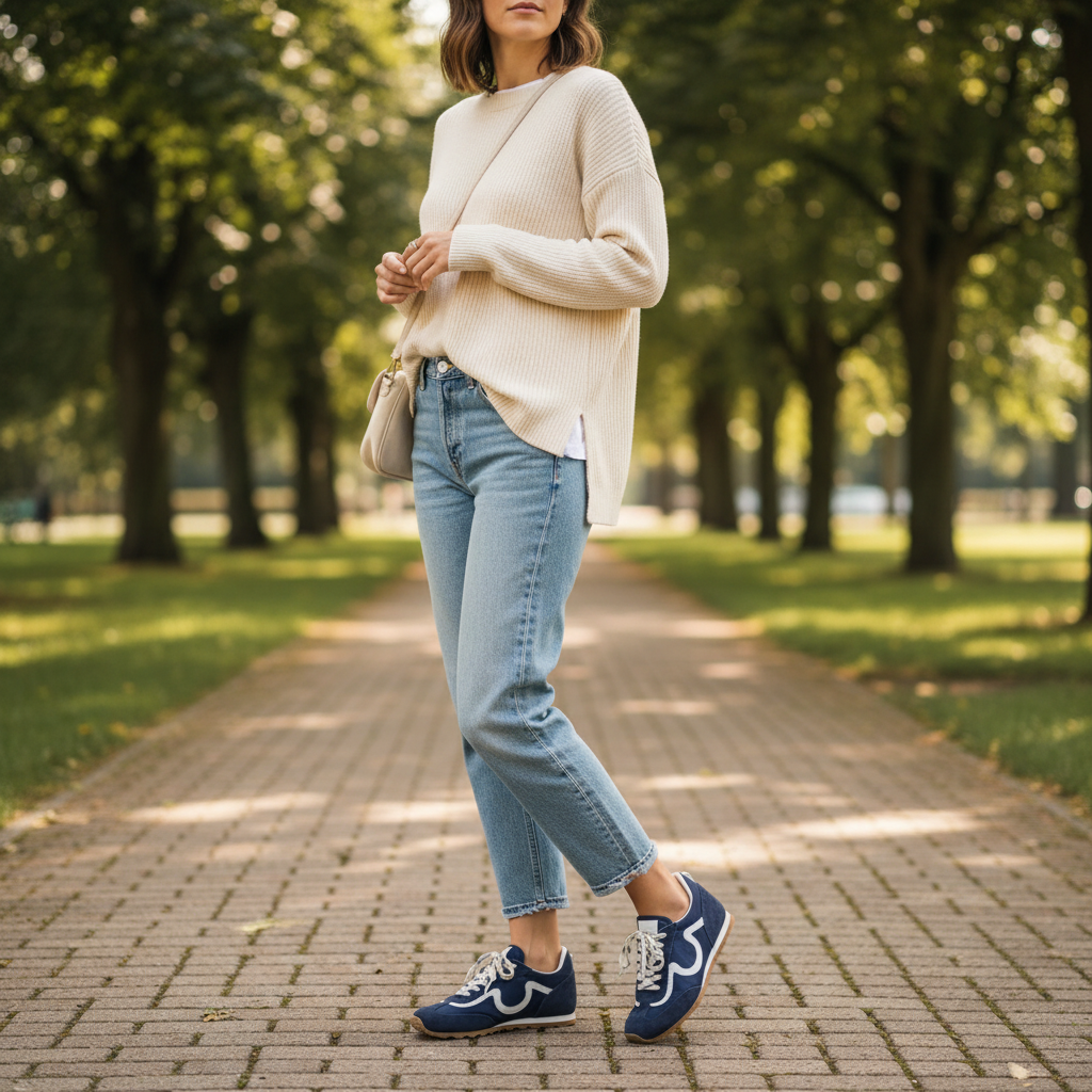 Vieux Riverbend women's retro runner in navy and white leather and suede, worn walking in a park
