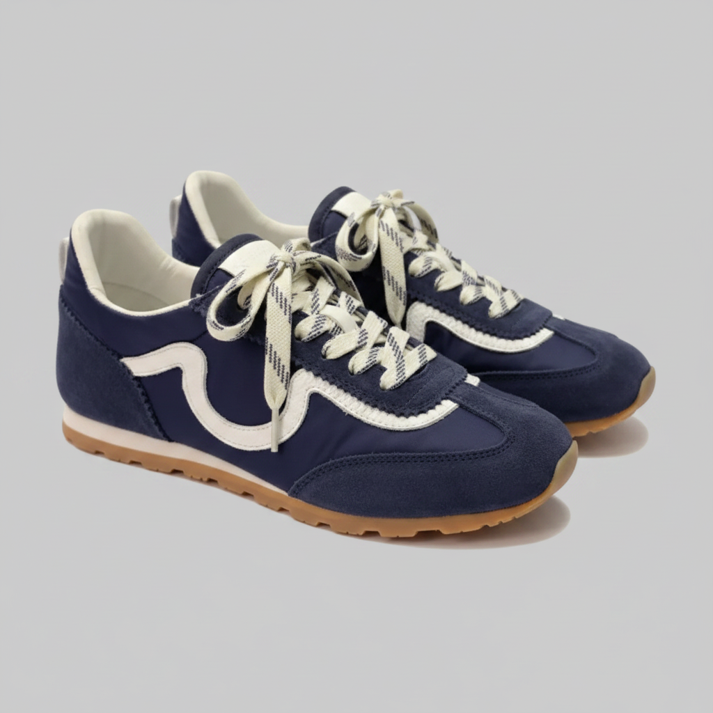 Vieux Riverbend women's retro runner in navy and white leather and suede, pair, angled view