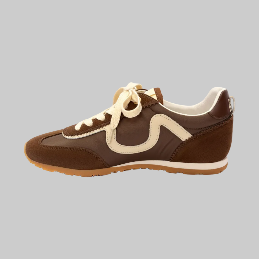 Vieux Riverbend women's retro runner in brown and ivory leather and suede, side view