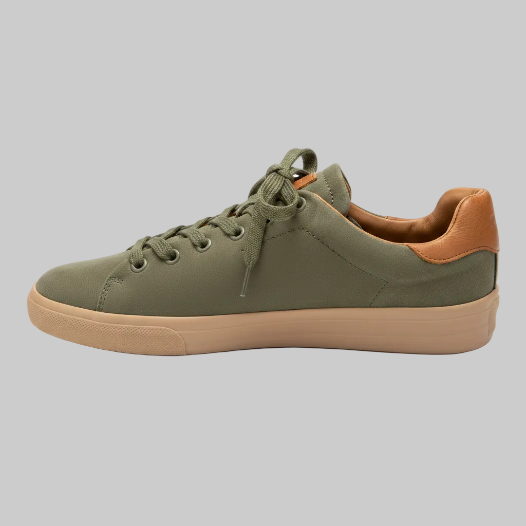Vieux Orleans men's lace-up sneaker in forest green waxed canvas, side view