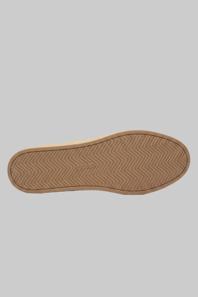 Vieux Orleans men's lace-up sneaker in beige waxed canvas, bottom view of the sole