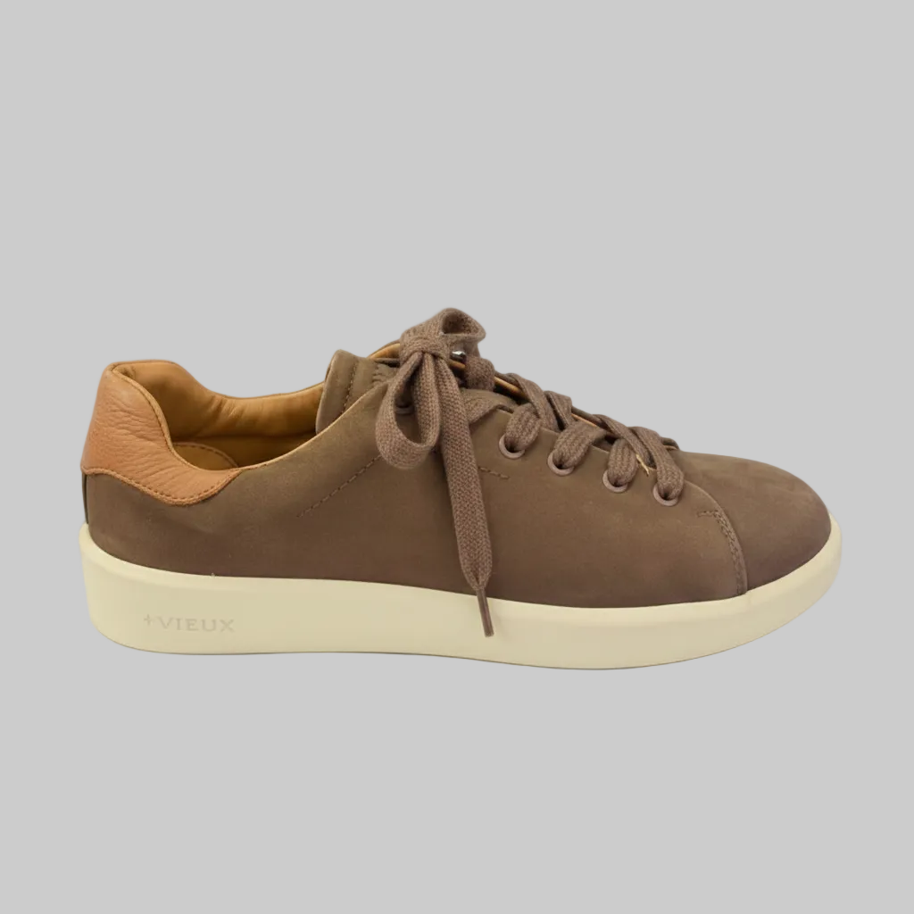 Vieux Orleans men's lace-up sneaker in brown suede, three-quarter view