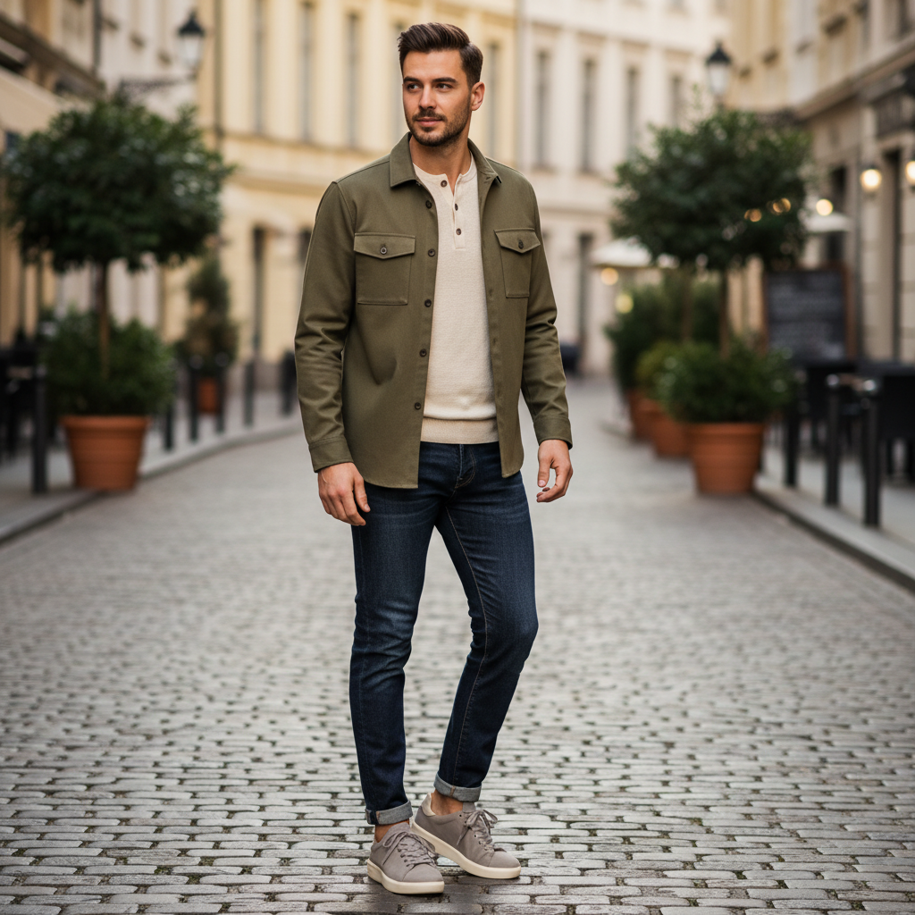 Vieux Orleans men's lace-up sneaker in grey suede, worn by a man walking down a street