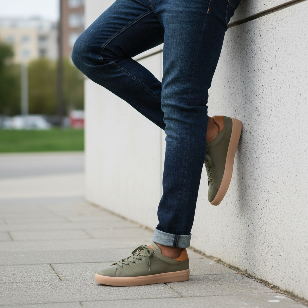 Vieux Orleans men's lace-up sneaker in forest green waxed canvas, worn with jeans