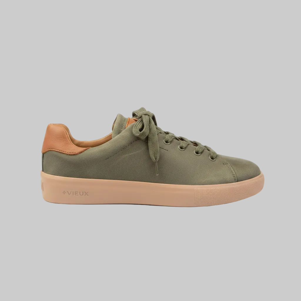Vieux Orleans men's lace-up sneaker in forest green waxed canvas, three-quarter view