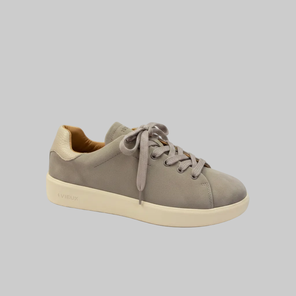 Vieux Orleans men's lace-up sneaker in grey suede, three-quarter view