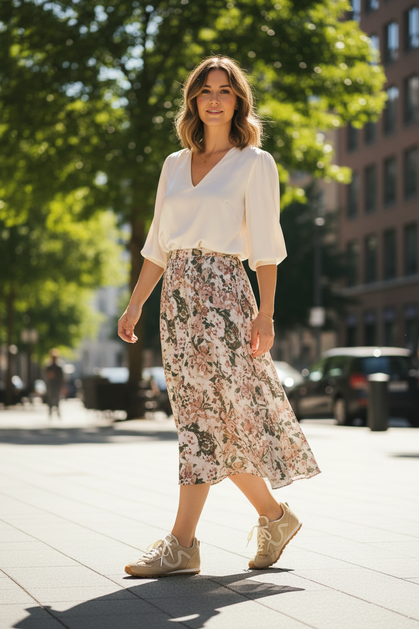 Vieux Riverbend women's retro runner in tan and ivory, worn with a floral skirt