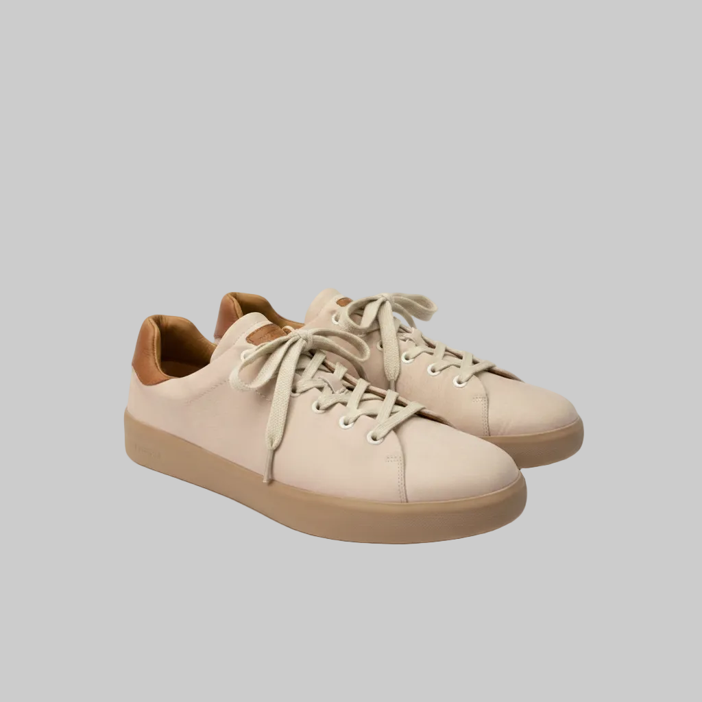 Vieux Orleans men's lace-up sneaker in beige waxed canvas, pair, angled view