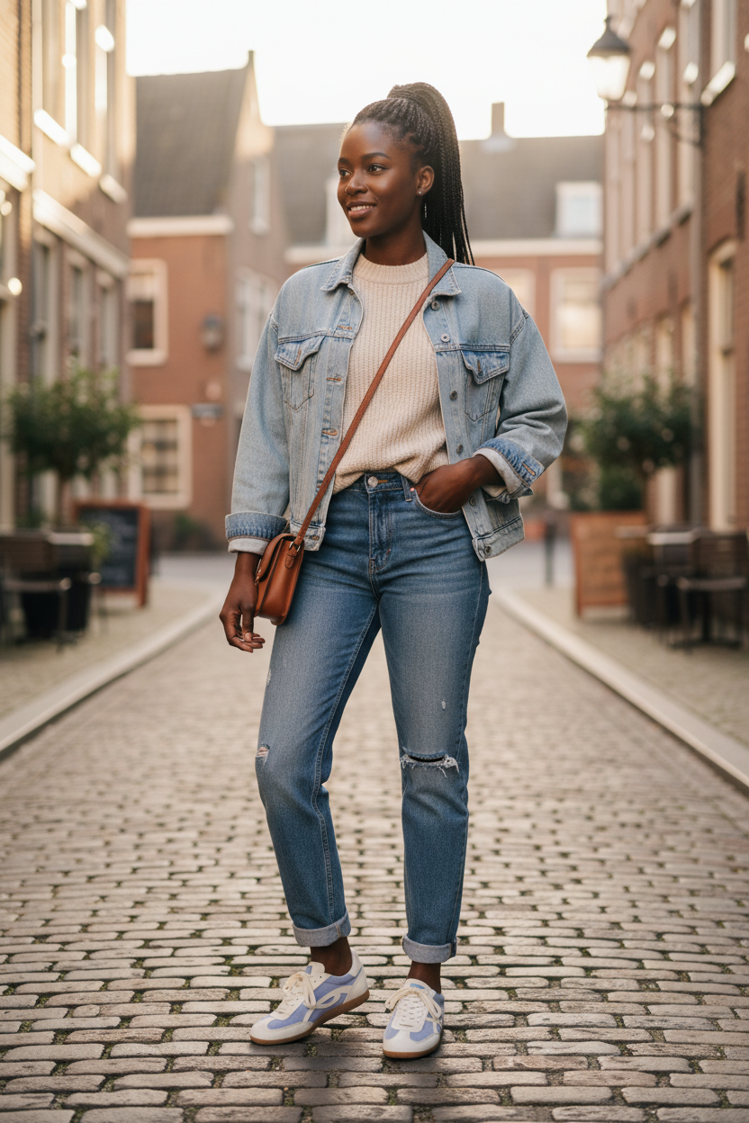 Vieux Desoto sneaker in light blue and white, worn with jeans and a denim jacket