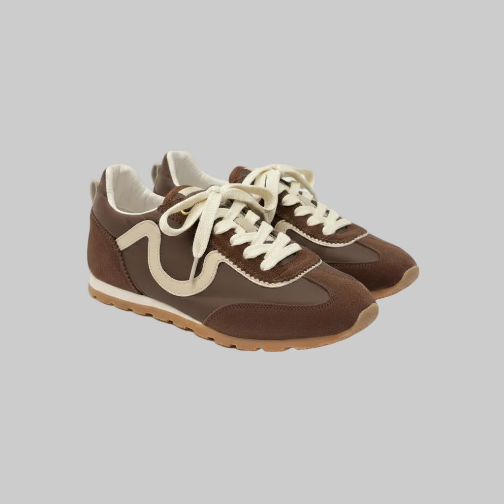Vieux Riverbend women's retro runner in brown and ivory leather and suede, pair, angled view
