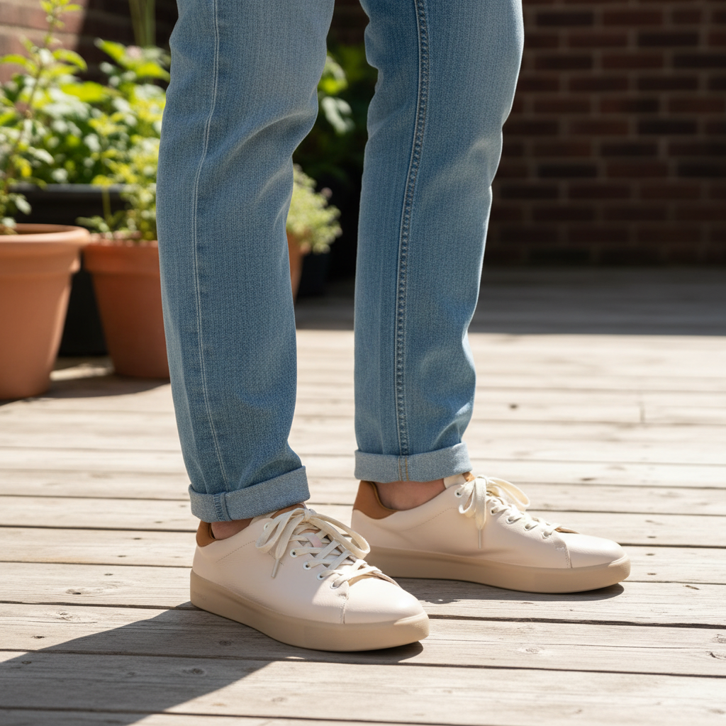 Vieux Orleans men's lace-up sneaker in beige waxed canvas, worn with rolled jeans
