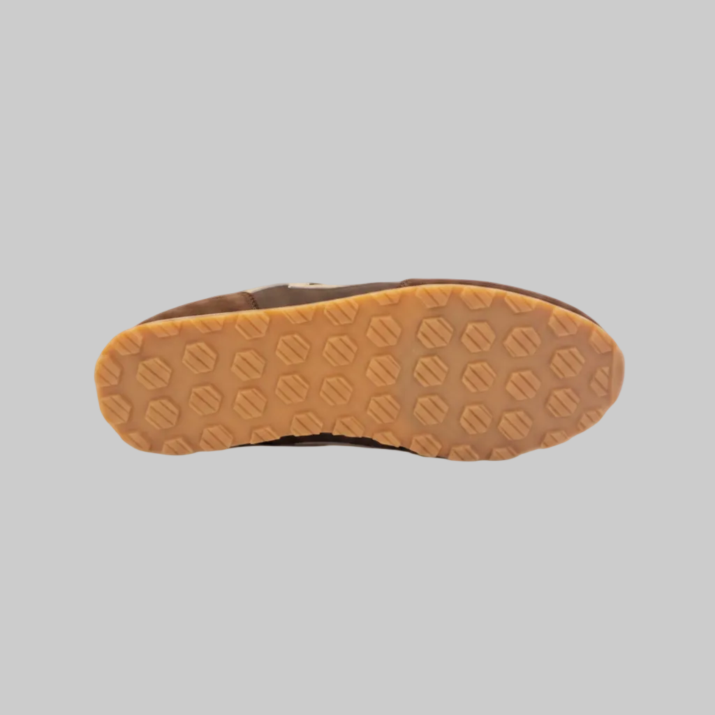 Vieux Riverbend women's retro runner in brown and ivory leather and suede, gum rubber sole