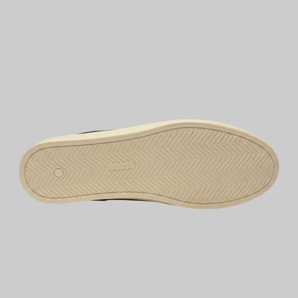 Vieux Orleans men's lace-up sneaker in brown suede, bottom view of the sole