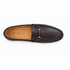 Vieux Bienville Caffe tumbled loafer from above, showing the Vieux logo on the leather-covered footbed and brass bit