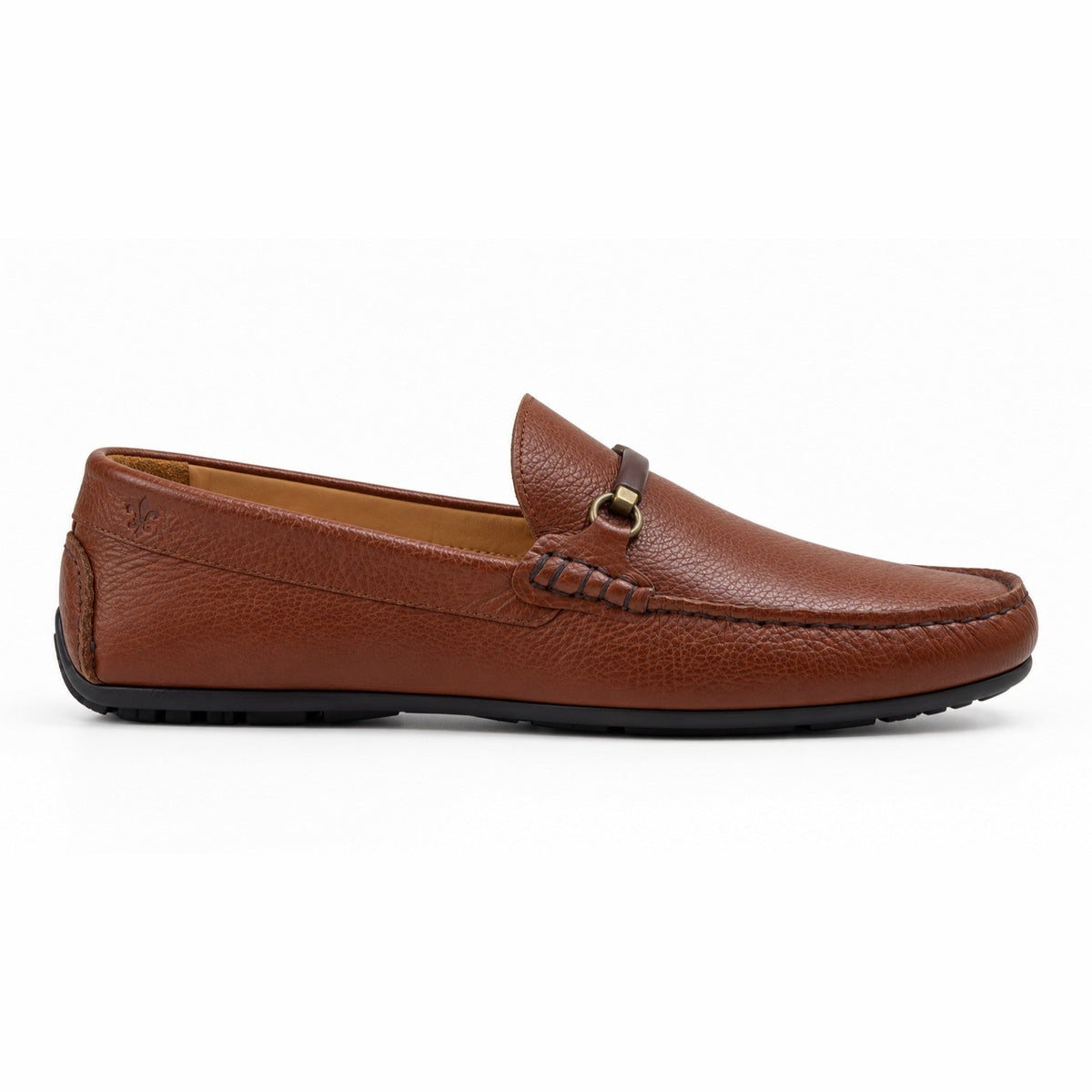 Vieux Bienville cognac tumbled leather moccasin loafer, side view